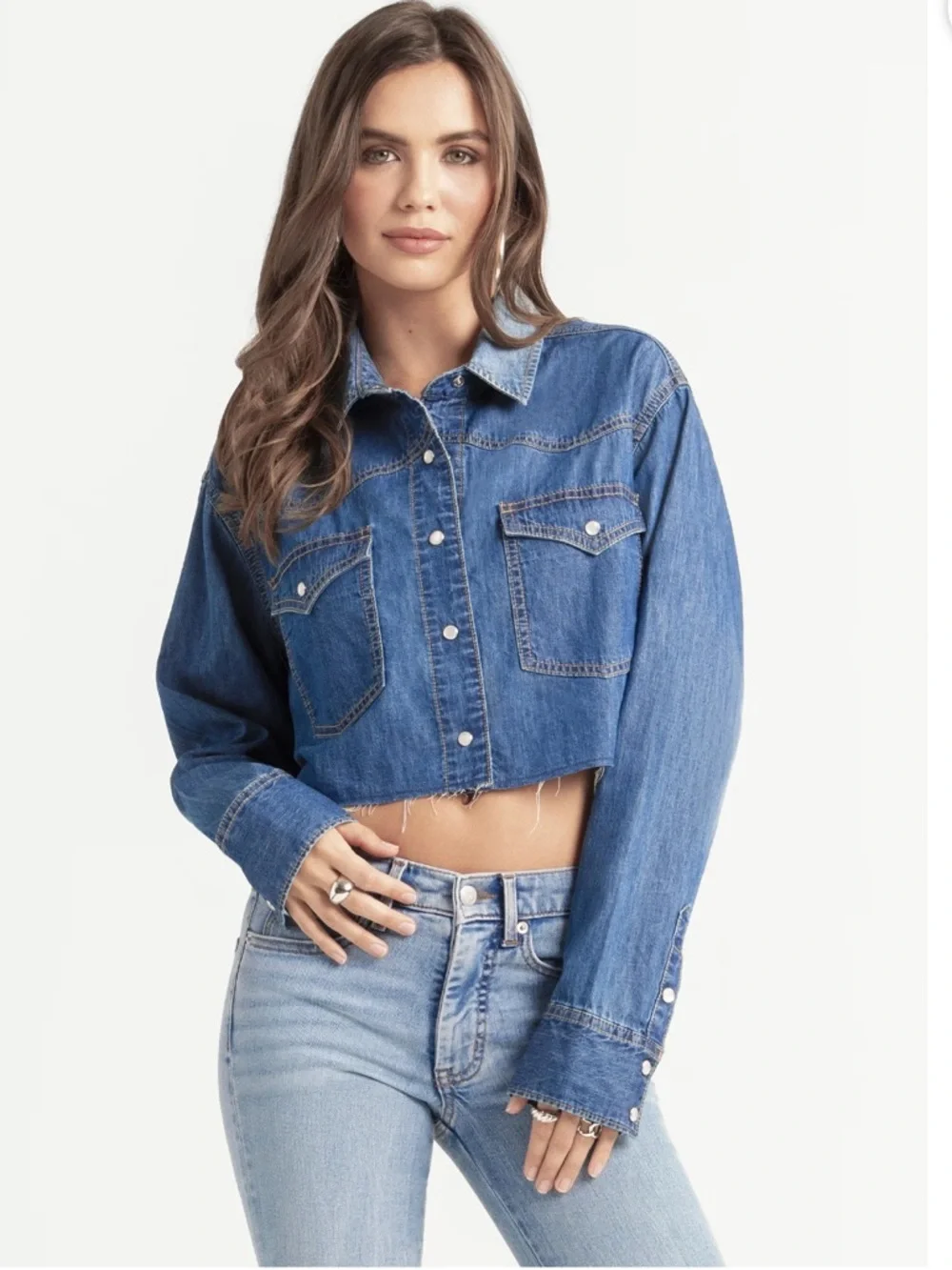 Cropped Blue Denim shirt - Women's Denim Coat - Picture 6 of 6